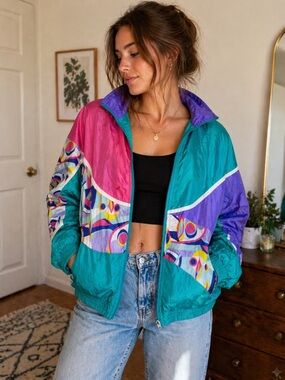 Vintage Reversible Colorblock Windbreaker Jacket 90s Casual Isle Size L